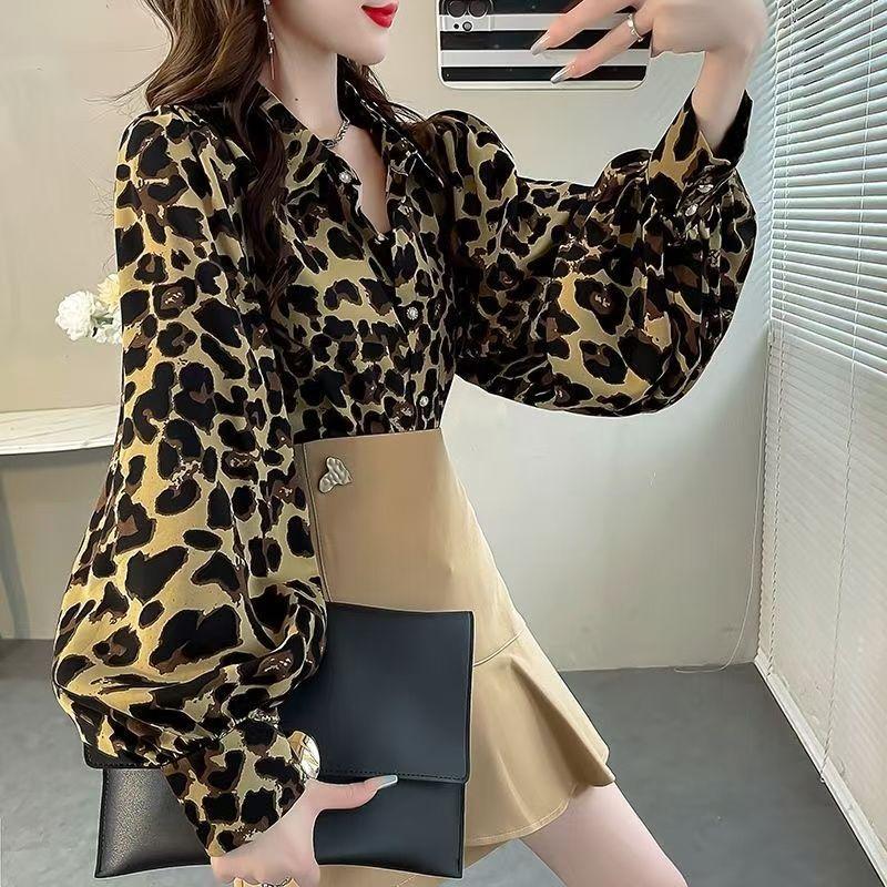 Retro Women's Printed Shirt Slim-fit Lantern Sleeve Floral Shirt Collared Chiffon Shirt Spring