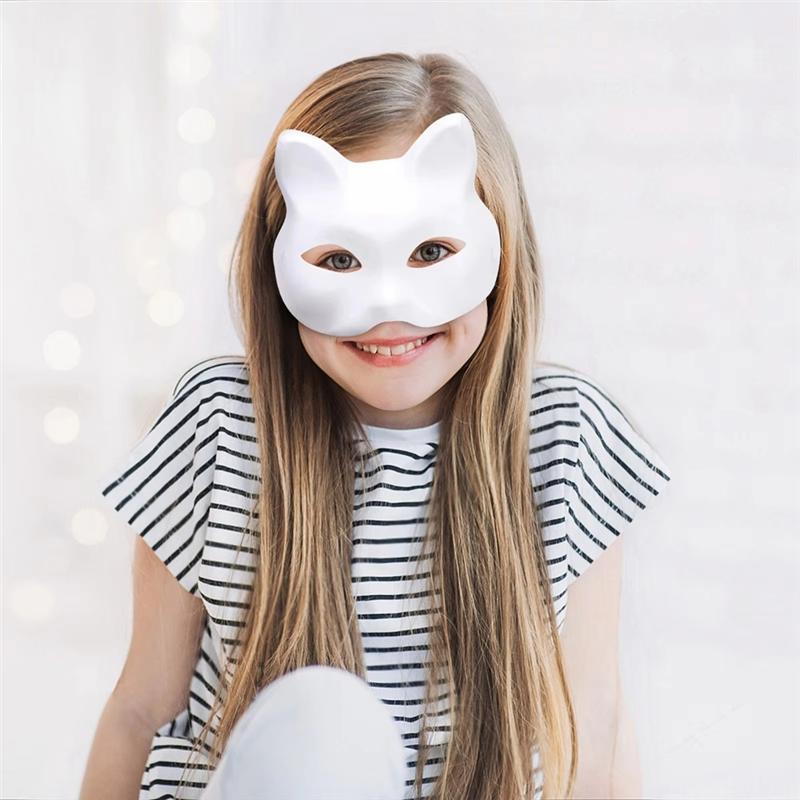 A25F-DIY Blank White Cat Masks 10PCS Therian Masks Halloween Mask Animal Half Facemasks Masquerade Cosplay Party