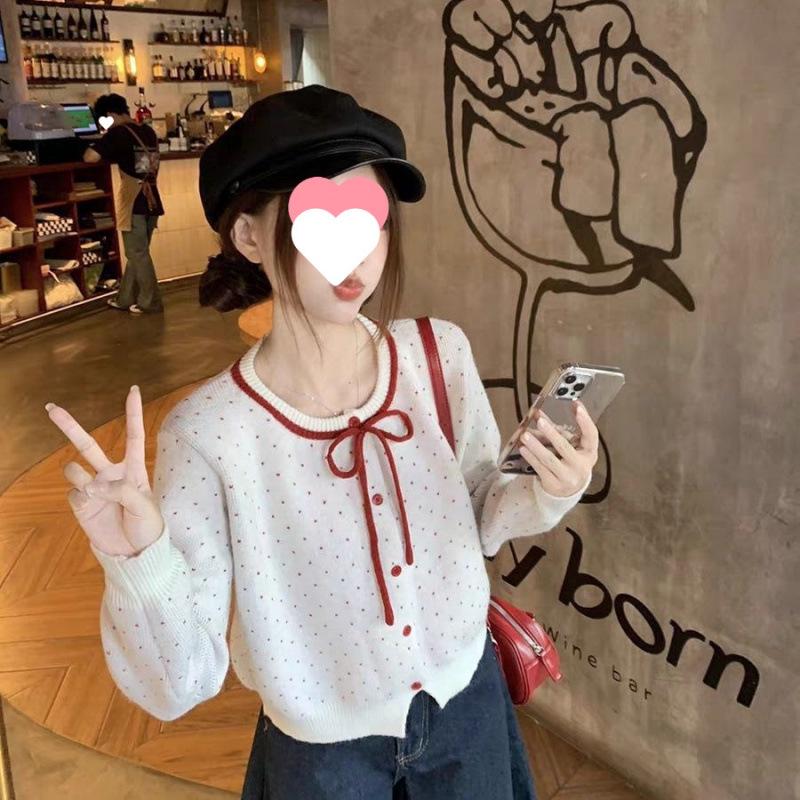 

2025 Early Autumn Sweet Girly Knit Jacquard Cardigan with Bow-knot - Women s Fall Sweater Coat S (suggested for 40-48 kg) брудно-білий