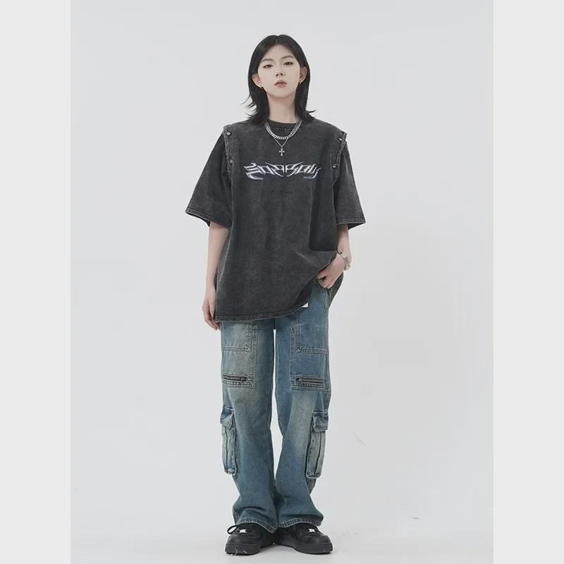 Unisex Retro High Street Pocket Jeans: Loose, Wide-Leg, Straight Fit Workwear for Couples
