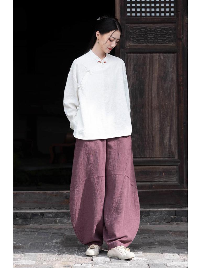 Spring Cotton Linen Women's Retro Handmade Wrapped Button Zen Tea Shirt