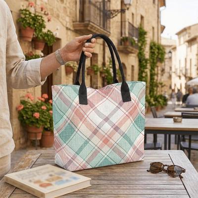 Fashion Plaid Tote Bag Large Capacity Casual Canvas Shoulder Bag for Daily Shopping Travel