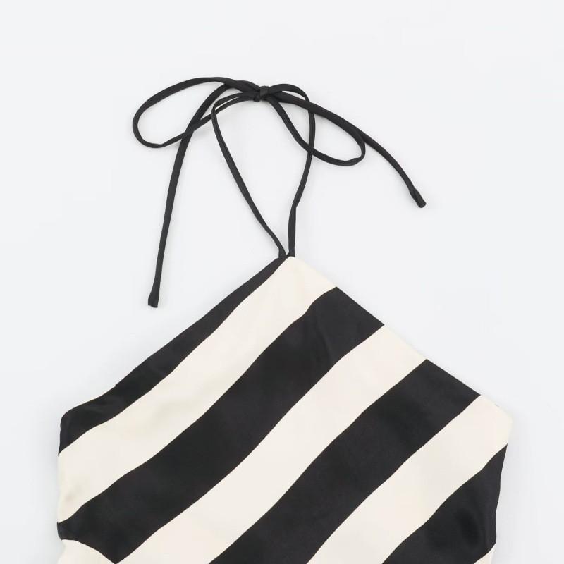 Robe Mi-longue Asymétrique à Rayures, Col Halter, Dos Nu, Sans Manches pour Femme, Tenue Décontractée Élégante