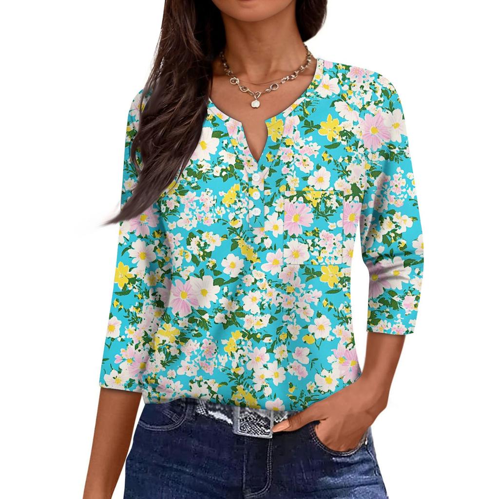 Damska Codzienna Modna Dekolt V Luźna Wszechstronna Kwiatowy Wzór Rękawy Trzyczwarte