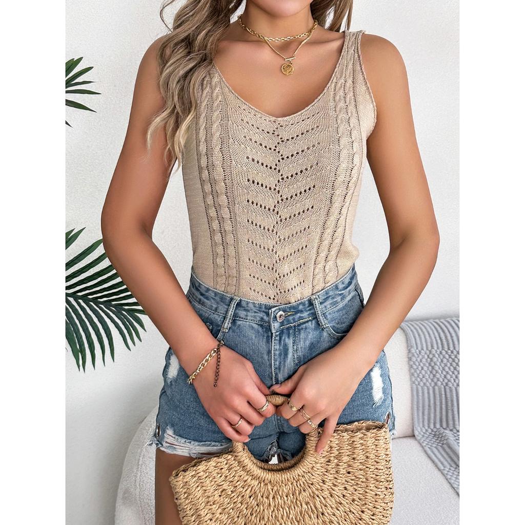 HNXC Spring and Summer Casual Solid Color V-neck Cut-out Top Vacation Knitted Sweater Women's Wear