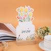 New 2026 Card Insert Desk Calendar Monthly Planner Organizer Bloomy Flowers Mini Calendar Wooden Base Home Office Tabledesk