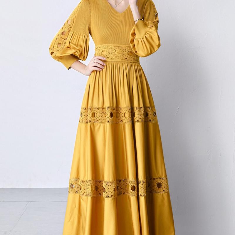 

Кружево с тяжелой вышивкой, вставка, пояс, платье-фонарик, женское облегающее длинное платье Sve Dr на осень, с высокой талией, А-силуэта One size жёлтый