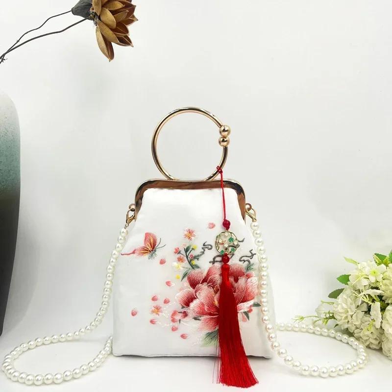 Chinese Style Embroidered Handbag Retro Pearl Crossbody Bag Hanfu Qipao National Shoulder Purse for Women Wedding Evening