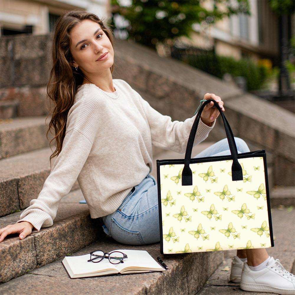 Light Green Butterfly Print Tote Bag Casual Large Capacity Women Daily Shopping Portable Canvas Handbag