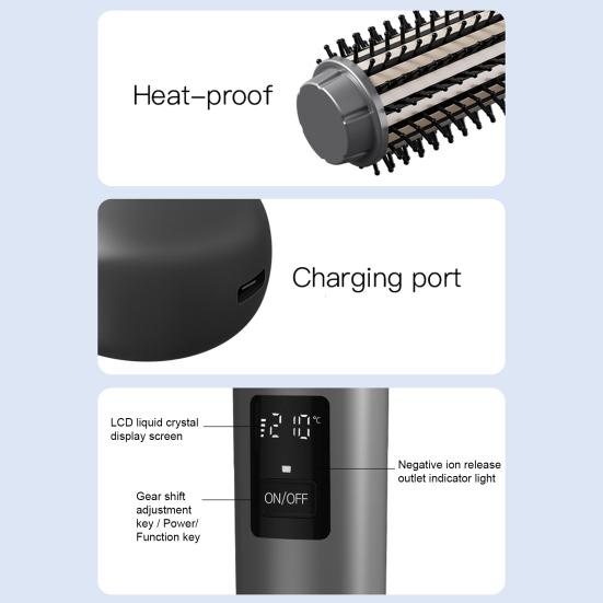 Cordless Hair Curling Iron Brush USB Rechargeable Travel Heated Round Brush 3-in-1 Fast Heating Thermal Brush Electric Hair Curling Wand Styling Tools
