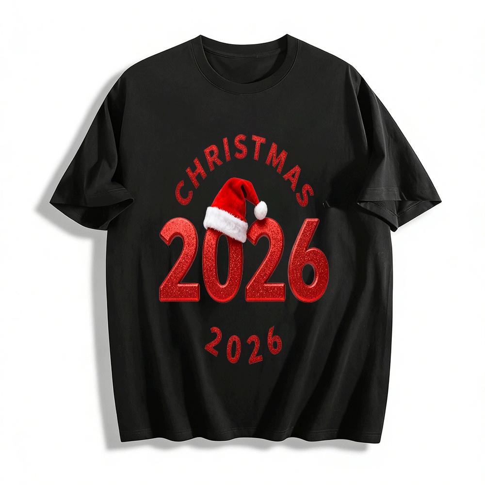 2026 Christmas Glitter Number Print Casual Top Pure cotton T-shirt XXS