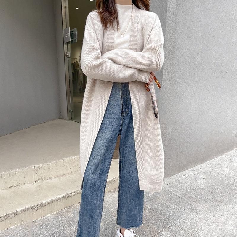 Laid-back Style Long Plus-size V-neck Knitted Cardigan for Autumn and Winter New Loose Solid Color Elegant Sweater Women's Coat