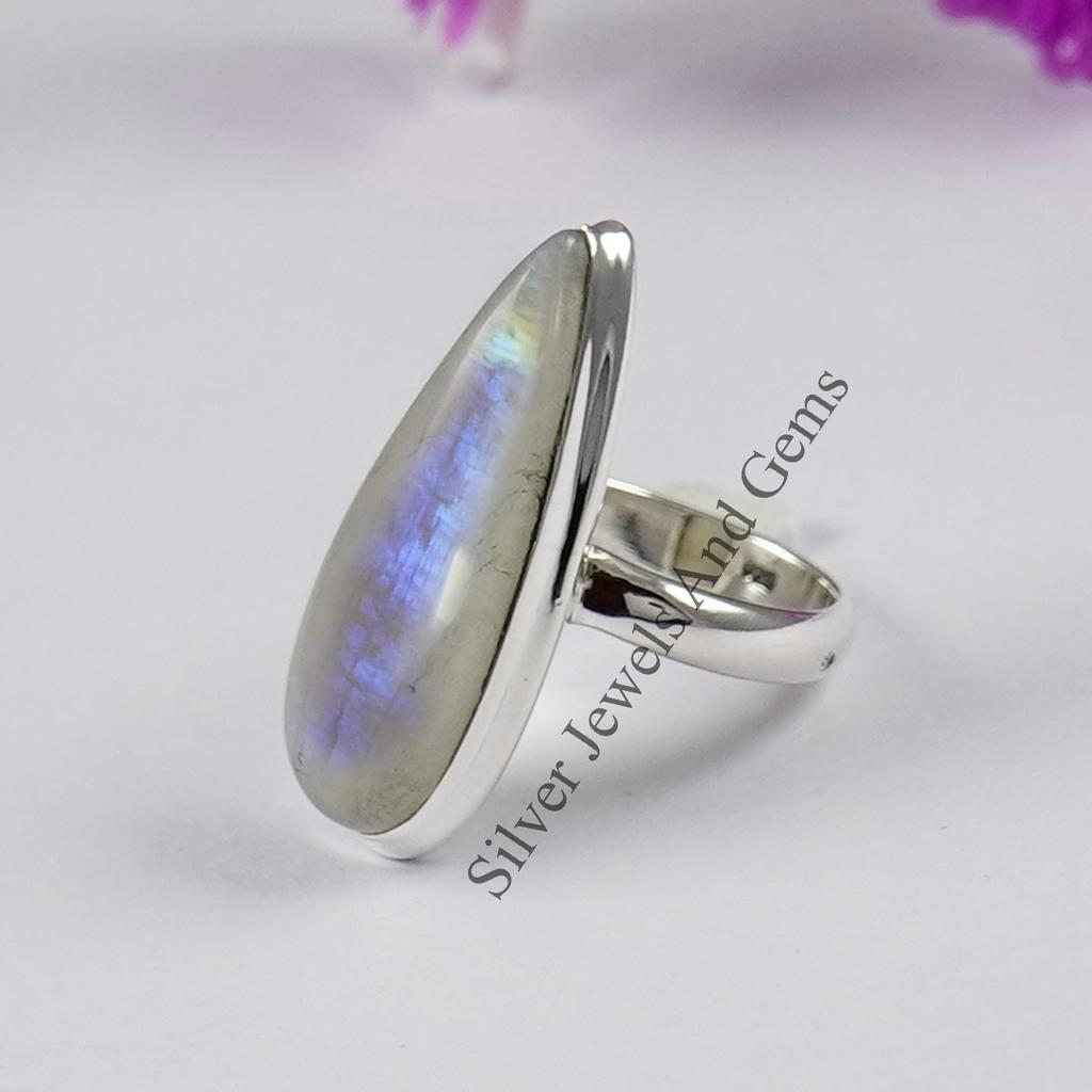 Teardrop Natural Moonstone Long Ring: White Gemstone 925 Silver Ring