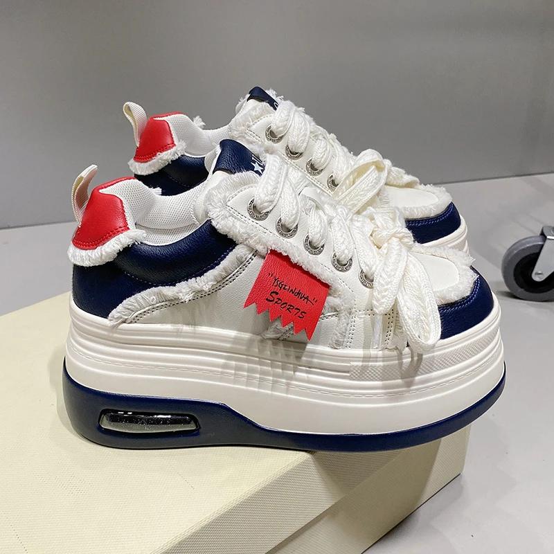 Fashion New Women Chunky Sneakers Autumn High Platform Leather Shoes Thick Bottom Vulcanize Shoes Breathable Female Casual Dad Shoes 8CM