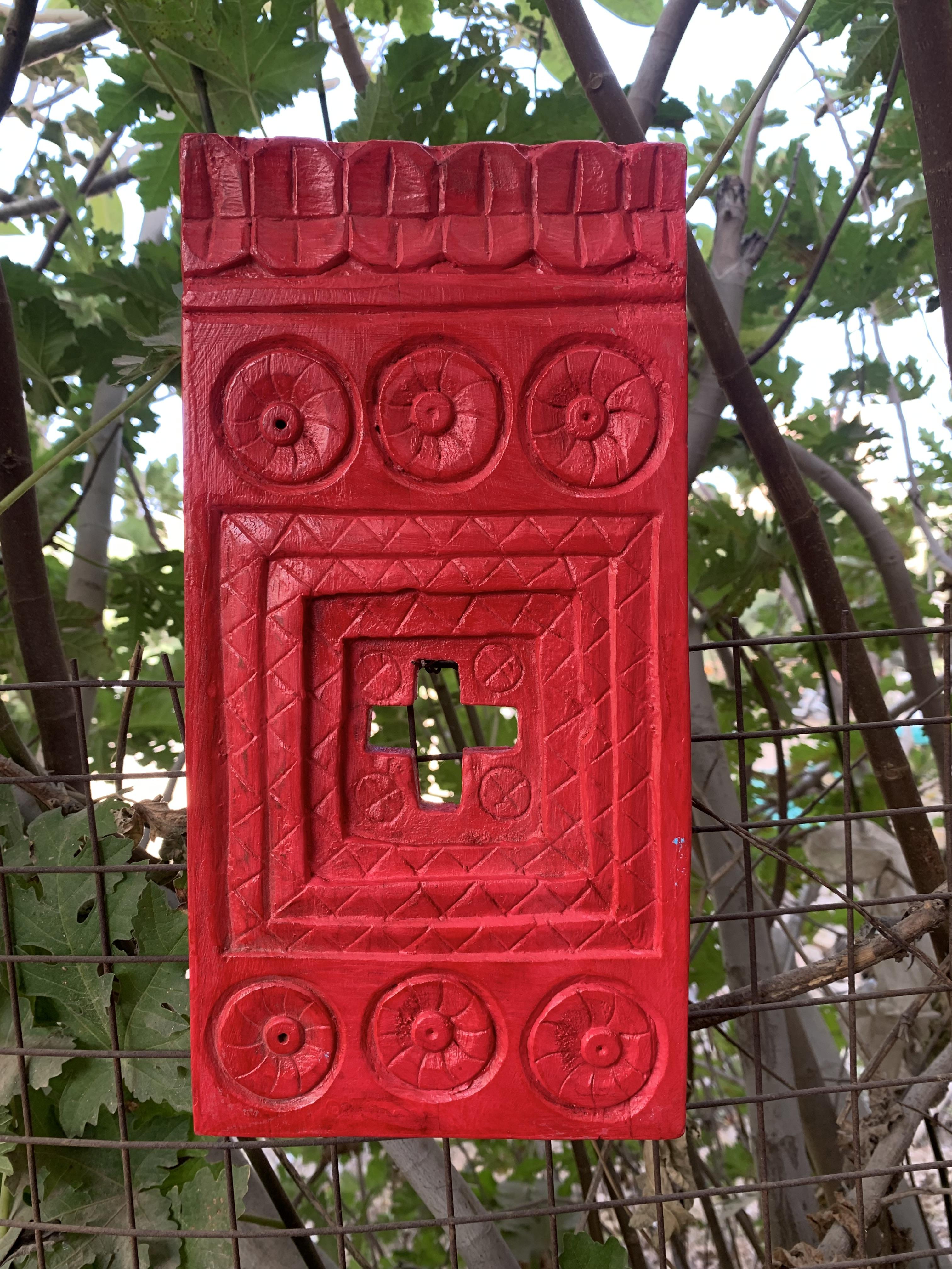 Red Wooden Carved Wall Hanging | Indian Rustic Home Decor Panel 12  x 6  x 1   (h x l x w) approx.