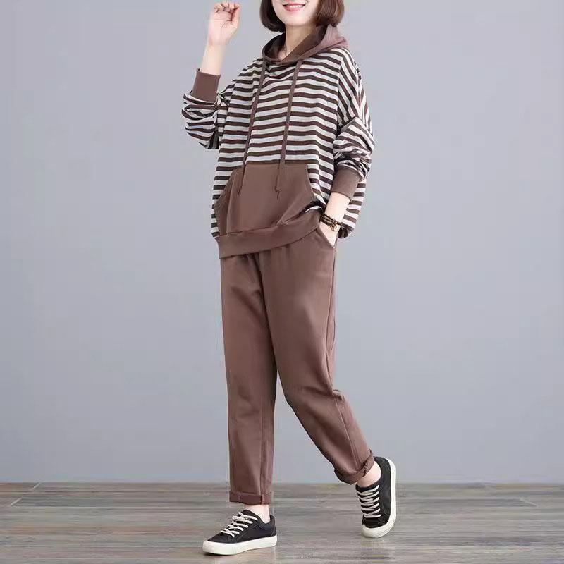 

Весенний Повседневный Свободный Полосатый Худи и Шаровары Спортивный Костюм Оверсайз 4XL Корейский Спортивный Костюм Женский Наряд XL кофейный