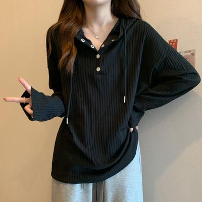 Damen Frühling und Herbst Locker Langarm Unterhemd Knopfdesign Kapuzenpullover