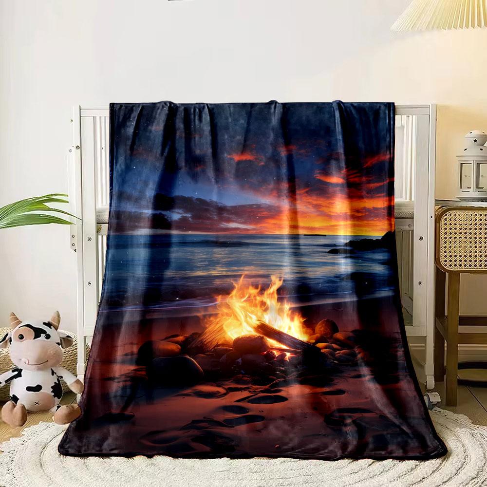 

A vivid beach sunset, crackling fire, and ocean waves under a starry sky. for all seasons blanket lunch break throw gift 80cm x 120cm