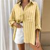 2025 Spring and Autumn European and American Women's Clothing Loose Polo Collar Striped Holiday Shirt Fashion Button Women's T-shirt Top
