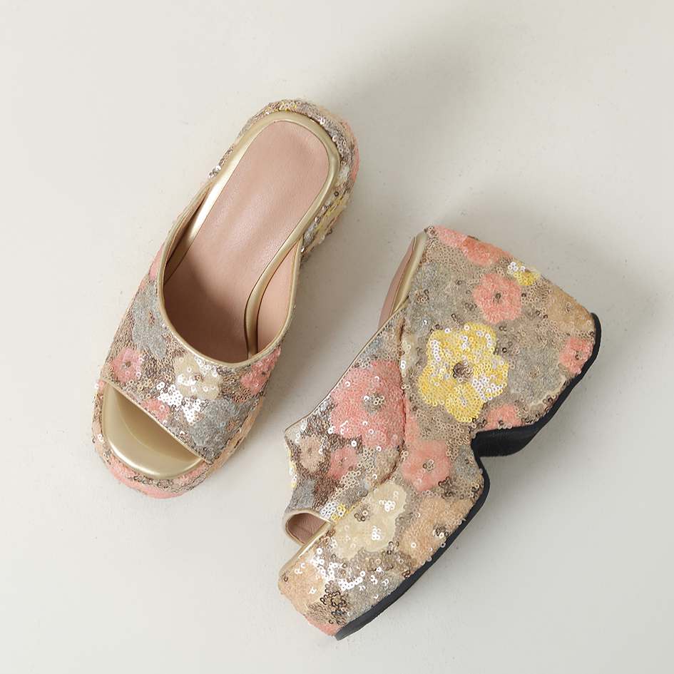 

Krazing Pot Mules Sequin Cloth Spring Summer Size 43 Size 42 Summer Prints Skin Women Platform Women Peep Toe Slip on Sandals 35 золотой