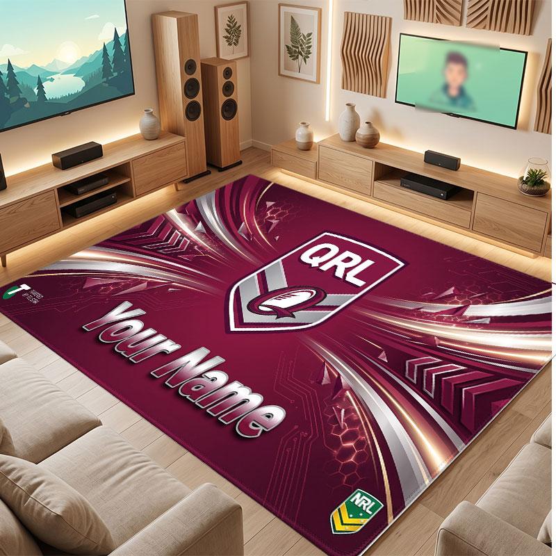 Personalisierter Kristall-Samt-Teppich der Queensland Maroons, Weicher Anti-Rutsch-Teppich mit individuellem Namens-Text für Wohnzimmer, Schlafzimmer
