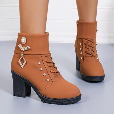 Scarpe Donna 2024 Stivaletti alla Caviglia Stivali Retrò Moderni Stivali Donna Decorazione in Metallo Allacciatura Cristallo Tacco Grosso Zip Laterale Scarpe Donna