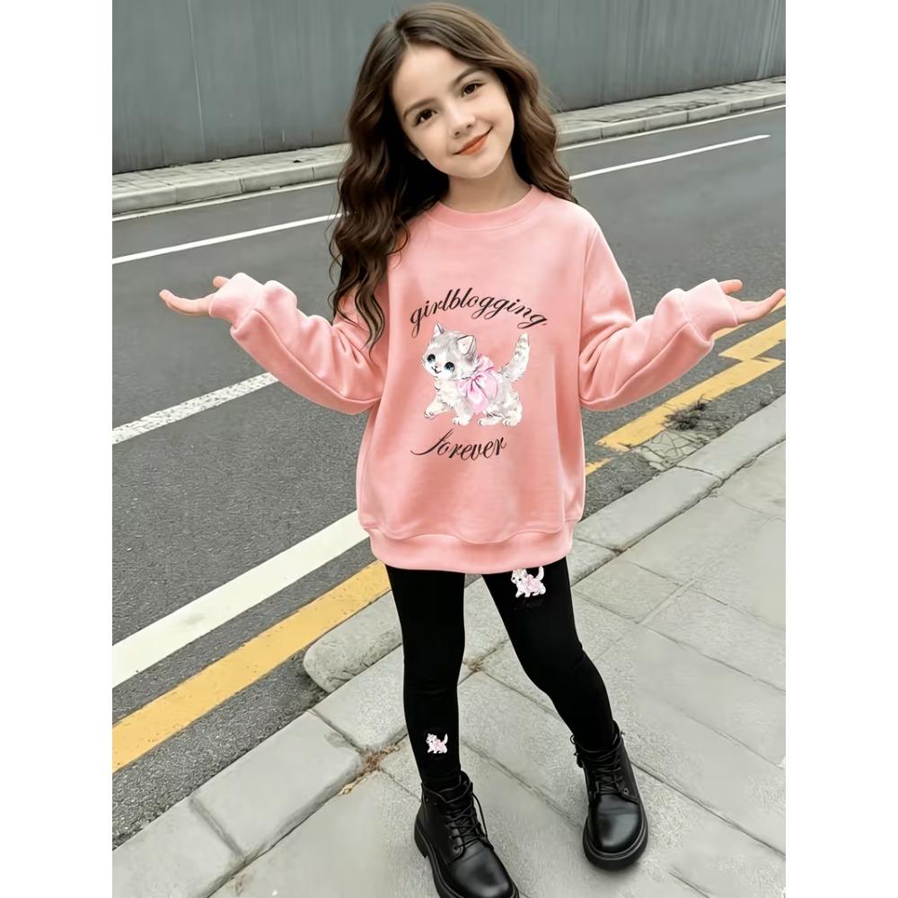 Girls' Sweet Cat Graphic Casual Comfortable Soft Loose Pullover Sweatshirt and Leggings 2-Piece Set, New Autumn/Winter, Playful, Sweet and Cool Style
