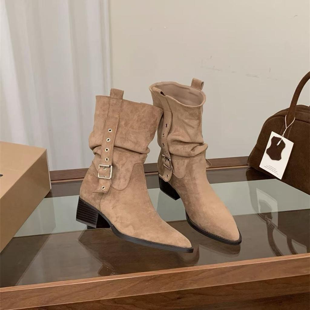 High Heel Pointed Skinny Suede Martin Boots Women's Boots 2026 Autumn/Winter Western Cowboy Medium Boots Pile Boots Short Boots