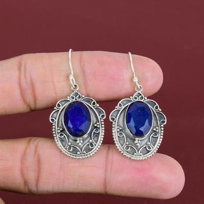 Facettierte Blaue Saphir Ohrringe Original Edelstein Ohrringe Unikat Schmuck 925 Sterling Silber Ohrringe Handgemacht Vintage Ohrringe Geschenke für Frau