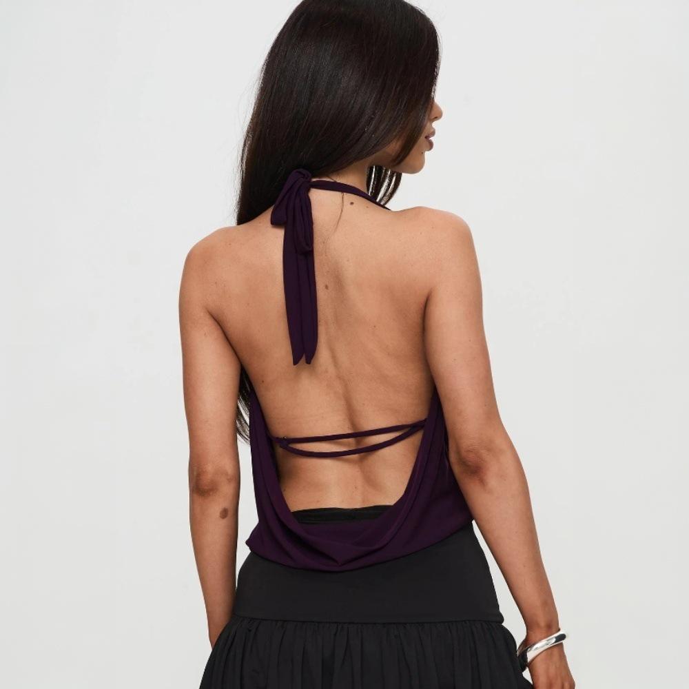 2025 Spring/Summer Women's Sexy Halter Tie-up Backless T-shirt Top