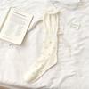 White Cotton Floral-patterned Socks - Summer Light-weight Long Stockings with Trailing Ribbons and Bunches of Bows At The Back.