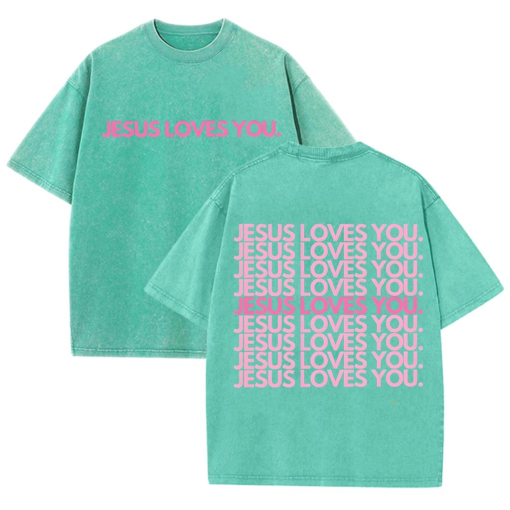 Christian Jesus Loves You Graphic T Shirt Men Women Vintage Washed Oversized Religious Streetwear Bible Verse Short Sleeve Tee