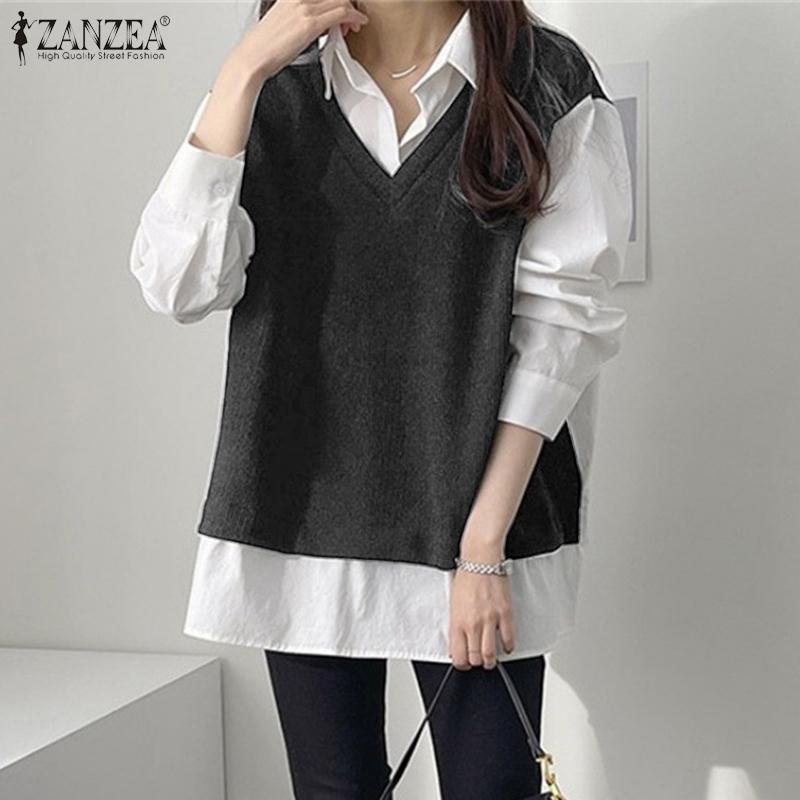 

ZANZEA Повседневная блузка из двух частей с отложным воротником и длинными рукавами в стиле пэчворк