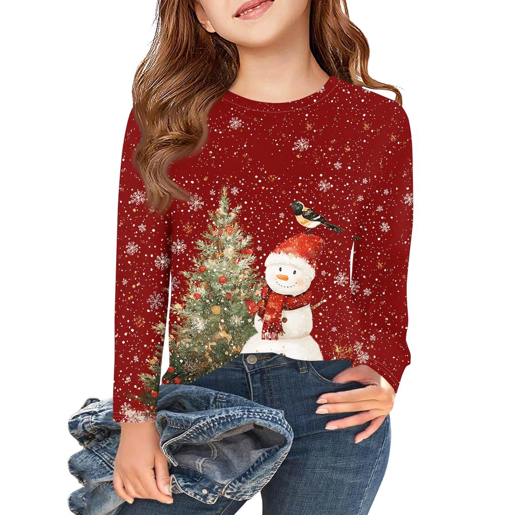 Weihnachtstag Mädchen Langarm T-Shirts Kinder Herbst Oberteile Rundhalsausschnitt Bedruckte Basic T-Shirts