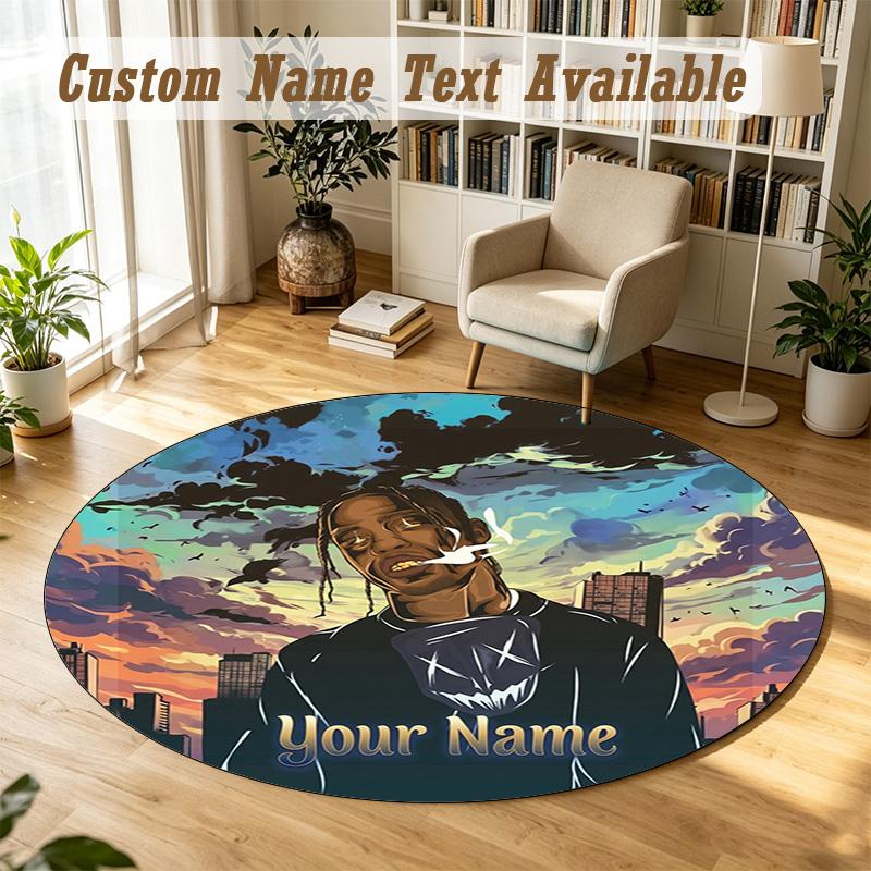 Round Rug Custom NameTravis Scott Pattern Non Slip Carpet Home Floor Decor
