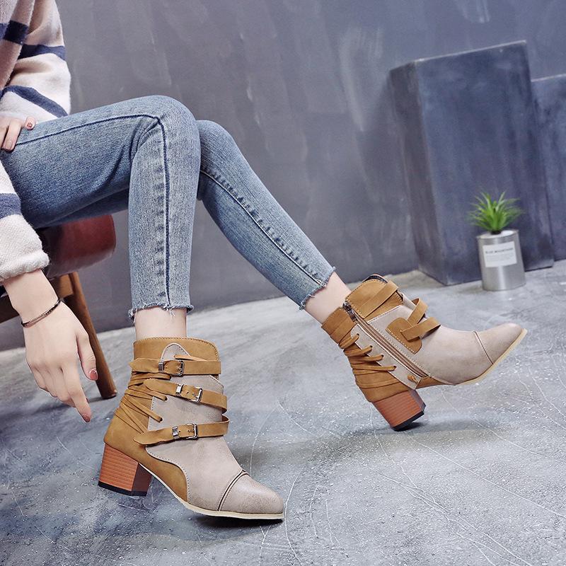 Buy New Large Size Women's Boots Frosted Belt Buckle Boots with Thick