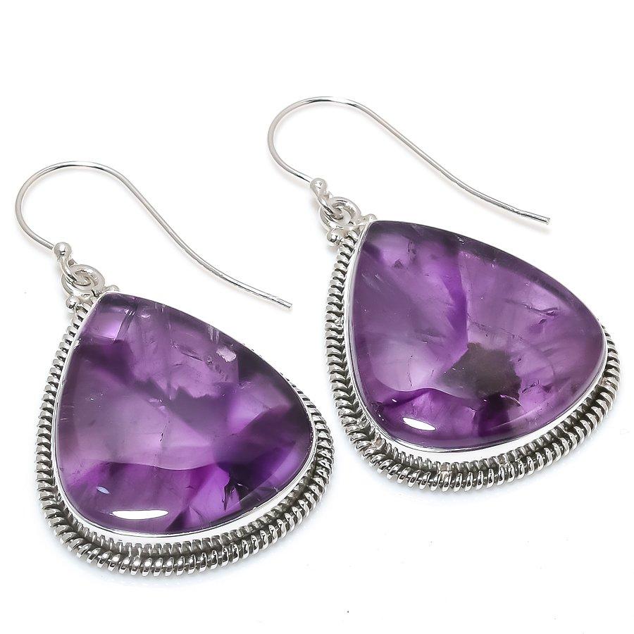 Natural Brazilian Amethyst Gemstone 925 Solid Sterling Silver Earring 2" C4M24
