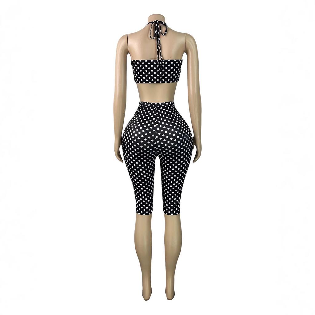 HR26103 Women's Halter Bandeau Polka Dot Two-Piece Set with Tight Five-Point Pants