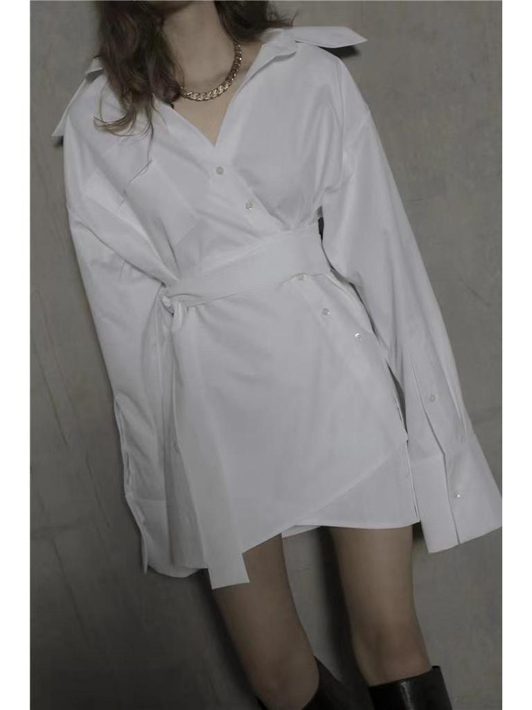 Retro Irregular Waist-Cinched Loose Shirt Dress – Niche European & American Design
