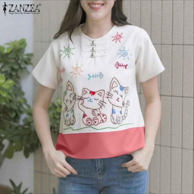ZANZEA Women Casual Round Neck Summer Short Sleeve Print Blouse