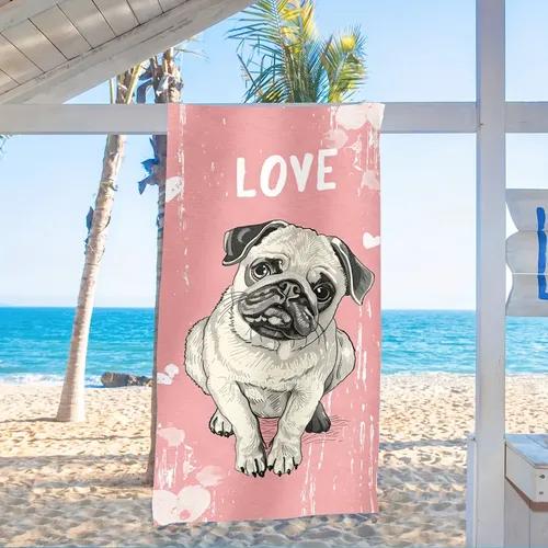 Cute Pug Dog Print Beach Towel Quick Dry Microfiber Towel Soft Lightweight Absorbent Towel for Summer Beach Pool and Travel Use