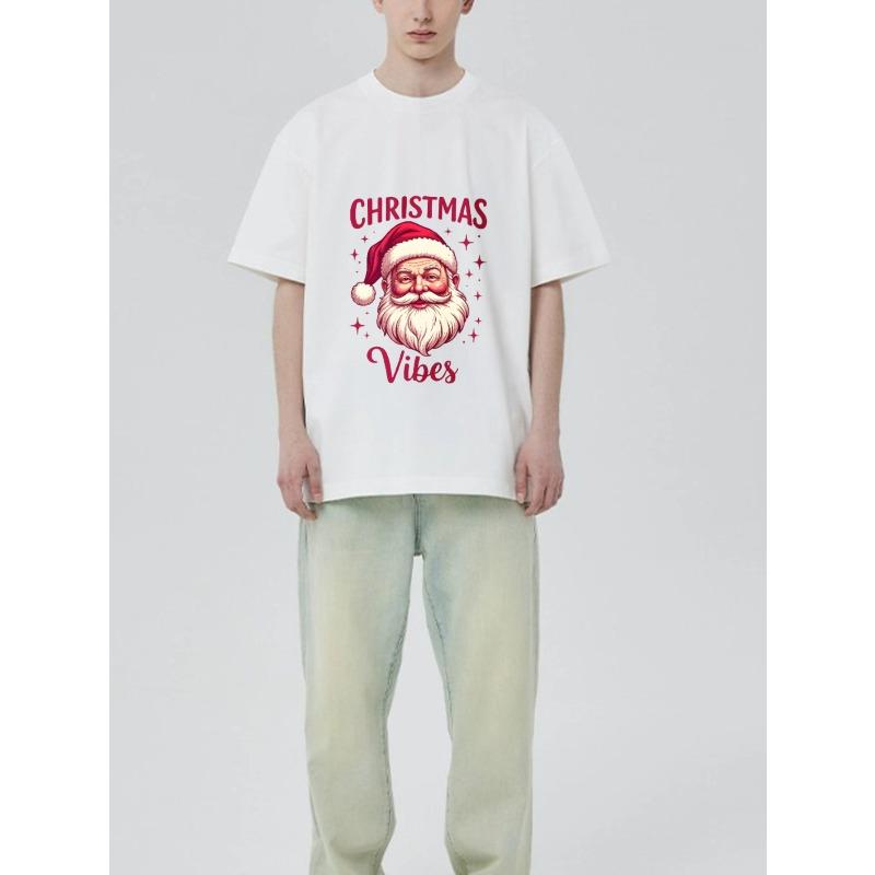 Christmas Vibes Santa Claus Print Black T-Shirt for Holiday Party and Festive Occasions