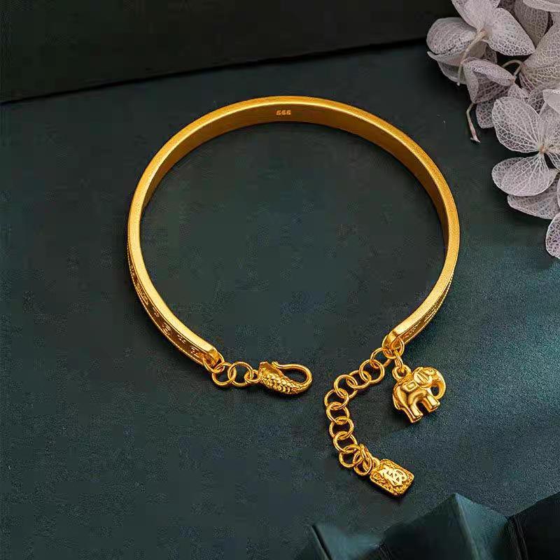 Elephant Auspicious Words Open Bangle: New Chinese Elegance Sand Gold Bracelet