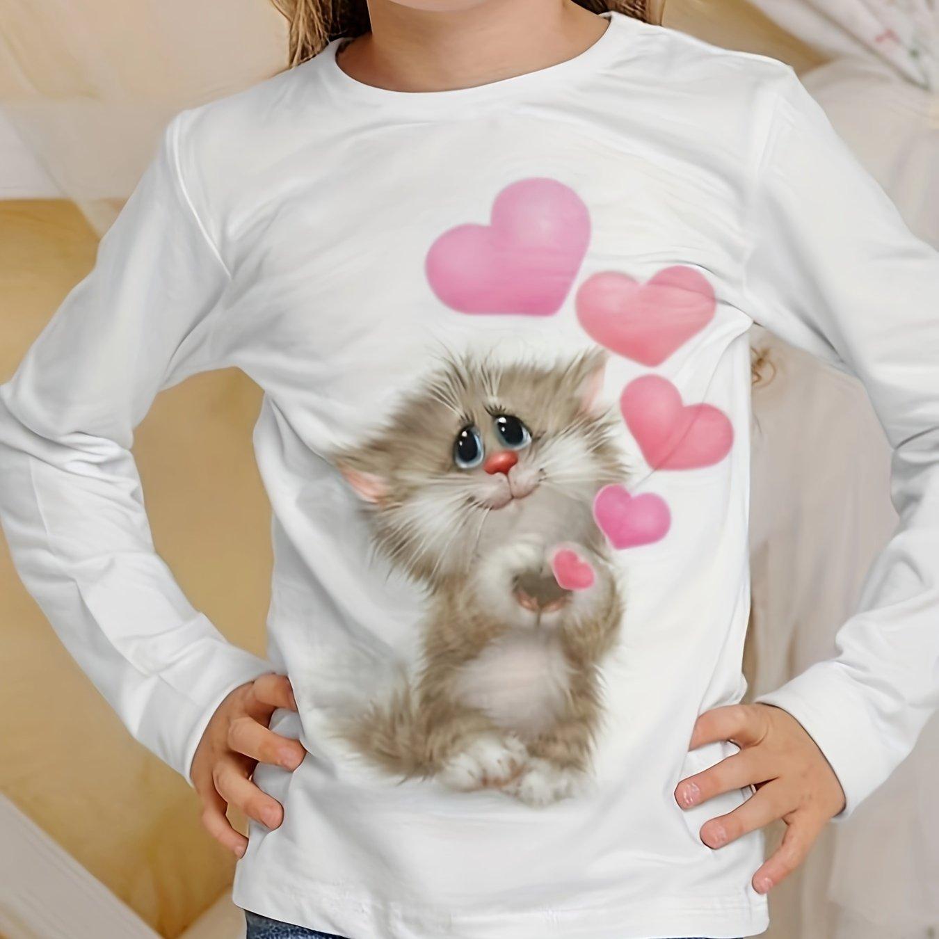 

Дитячий одяг Футболки для дівчаток Дитяча футболка з довгим рукавом Мультфільм Кругла горловина Котячий принт Повсякденний дитячий літній одяг Футболка для дівчинки 110