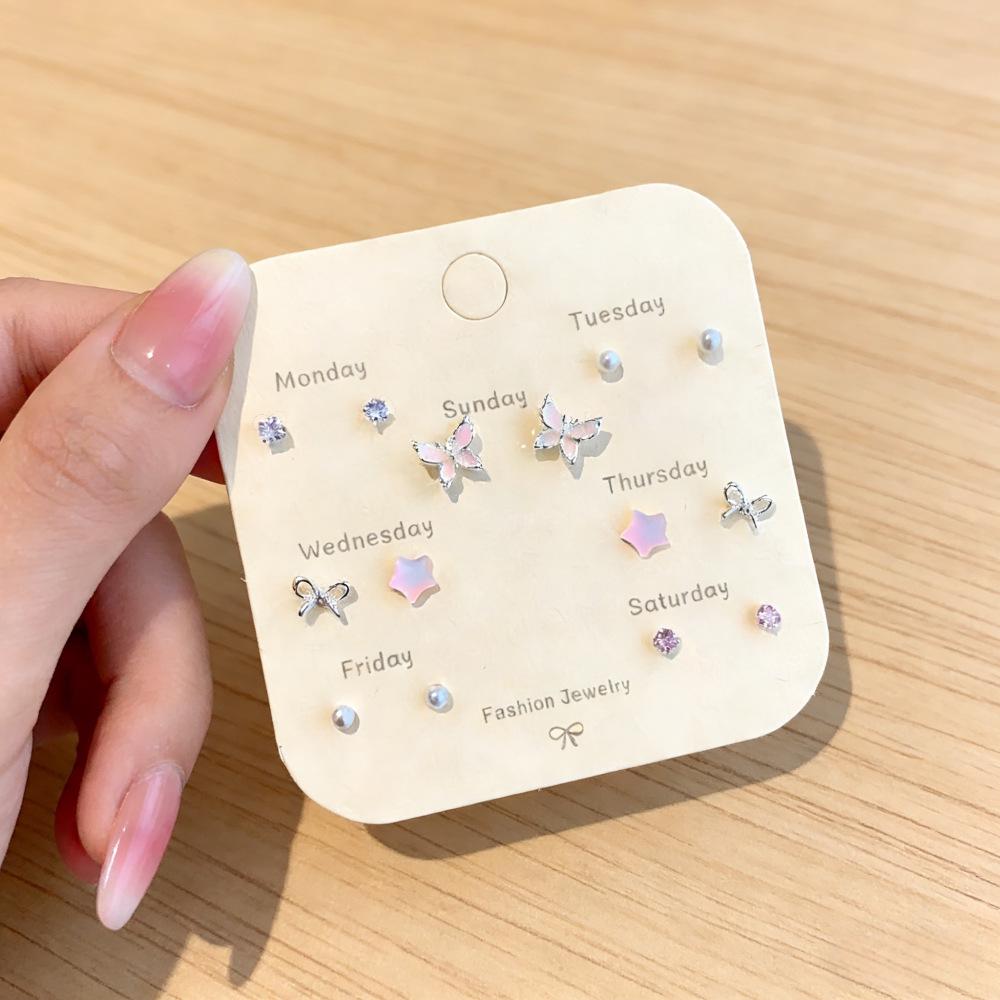 Seven-Day Earring Set: Butterfly, Star, and Pearl Earrings for Daily Wear