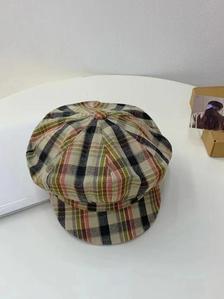 Vintage Plaid Newsboy Cap - 8-Panel British Baker Boy Hat for Women, Slimming Face Retro Flat Cap