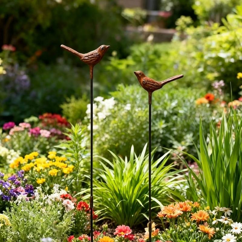 Bird Garden Stakes Set of 2 Iron Soil Insert Pieces for Pots, Flower Rows and Lawn Edges with Aged Brown Yard Form for Home Use Daily