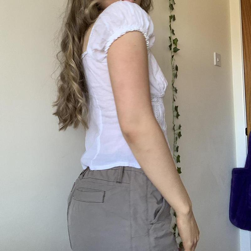 Short Puff Sleeve Lady T-Shirt Square Collar Skinny Crop Top Summer OL Tees All Match Button Vintage Women's Lace Clothe