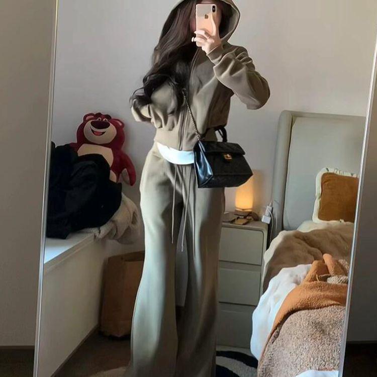 Women's Petite Hooded Sweatshirt and Wide-Leg Pants Two-Piece Set for Spring/Autumn
