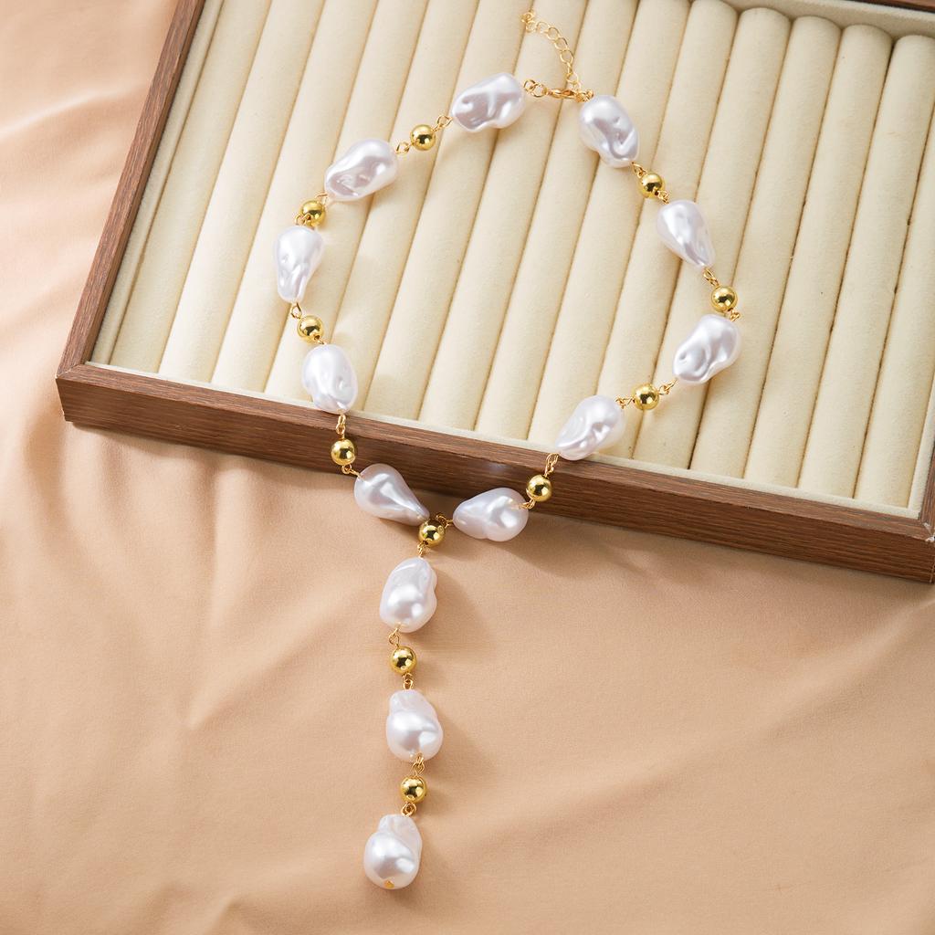 Baroque Irregular Imitation Pearl Y-shaped Necklace for Women Dainty Faux Pearl CCB Resin Bead Chain Necklace Party Jewelry Gift